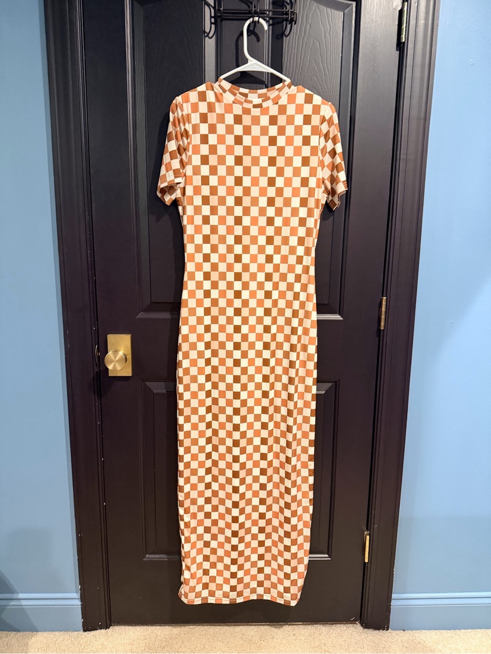 Checkerboard Short Sleeve Maxi Dress in Brown and Cream